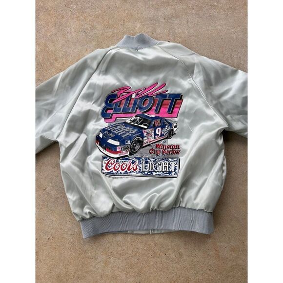 Vintage 1980s Bill Elliott Coors Light NASCAR Grey Satin Jacket